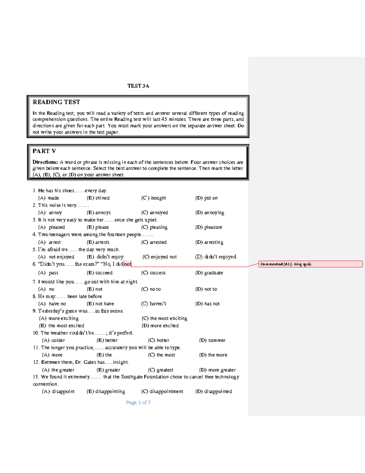TEST 3A - Test - TEST 3A READING TEST In the Reading test, you will ...