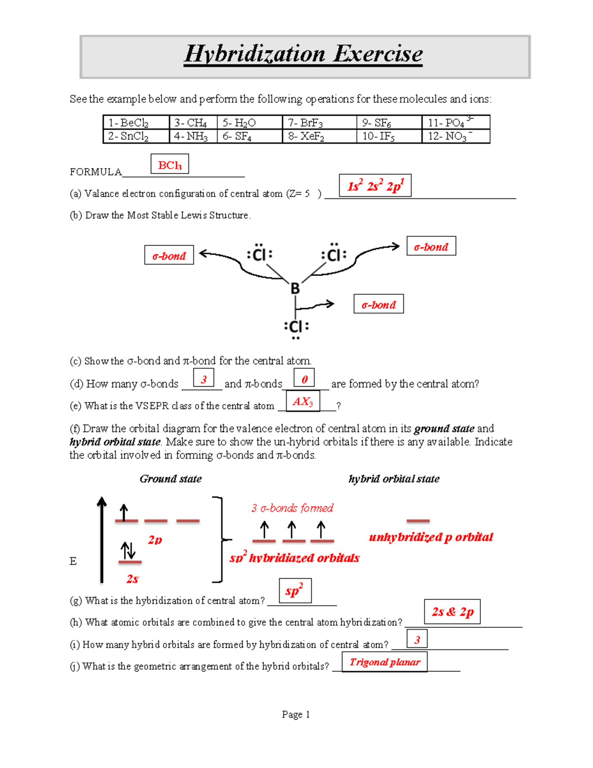 Chemistry Lab Notes Hybridization Exercise σbond σbond σbond 3 σ