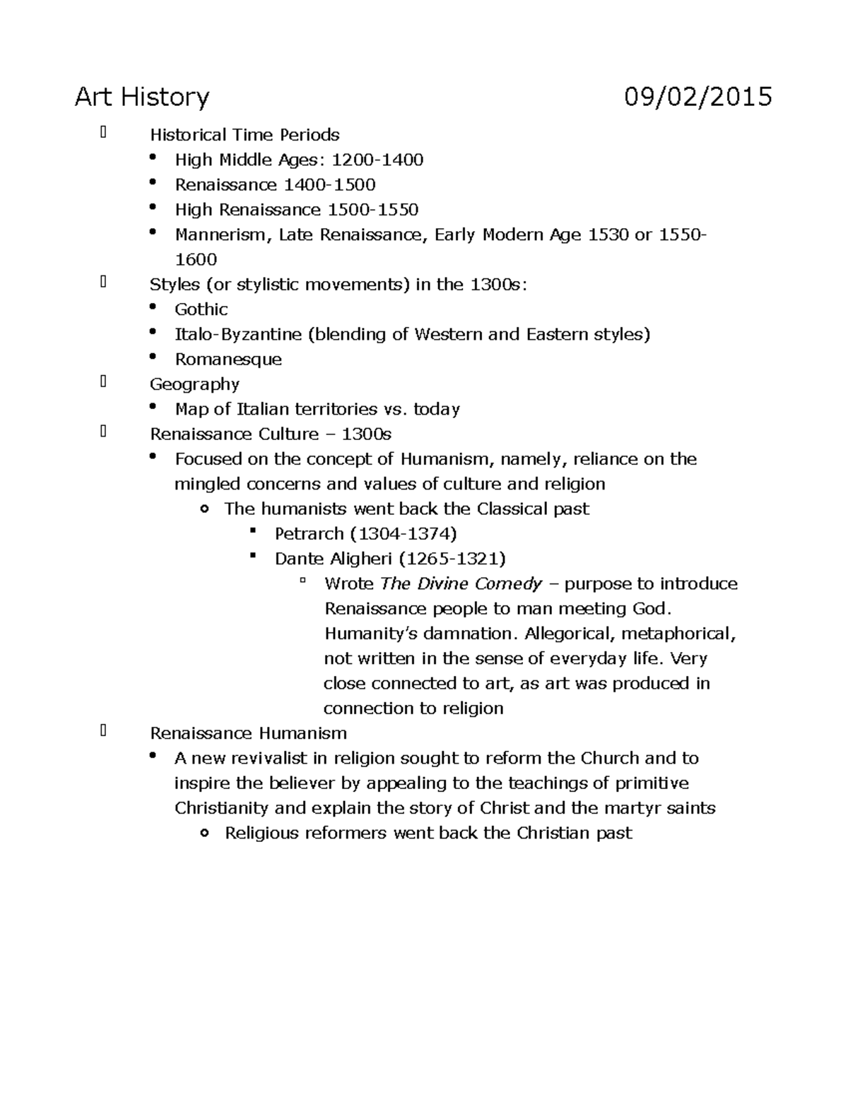 Art History Notes Art History 09/02/ Historical Time Periods High