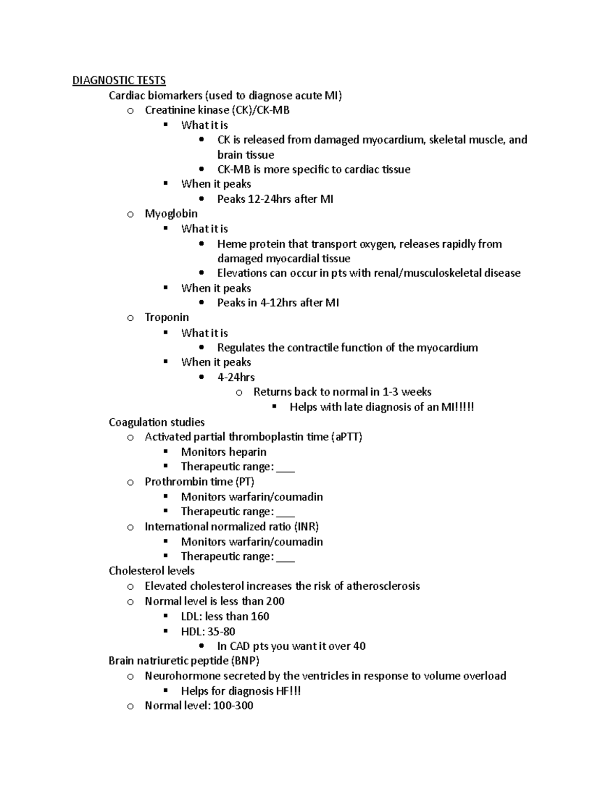 Diagnostic Tests - see title - DIAGNOSTIC TESTS Cardiac biomarkers ...