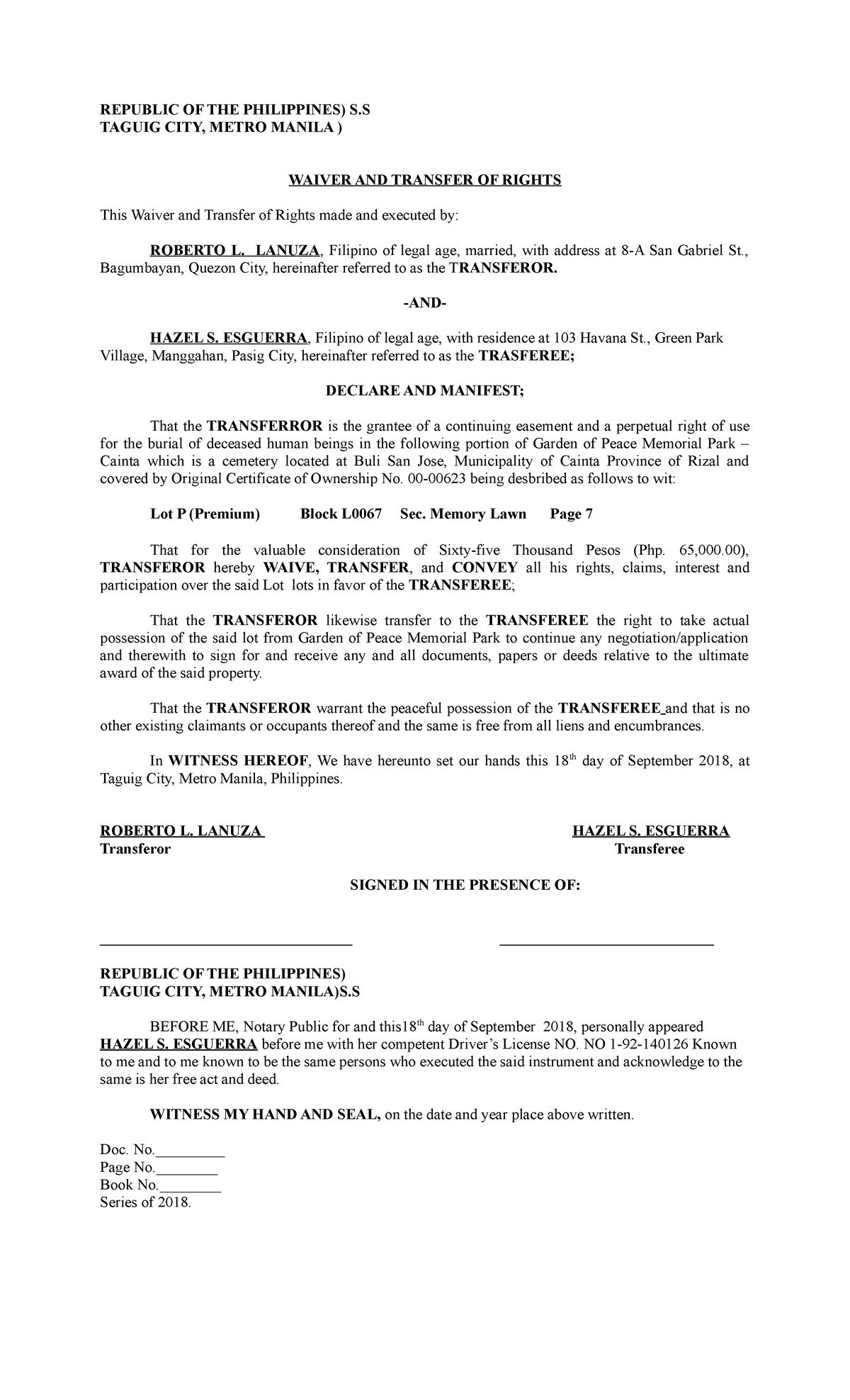 Waiver and transfer of rights hazel esguera memorial - REPUBLIC OF THE ...