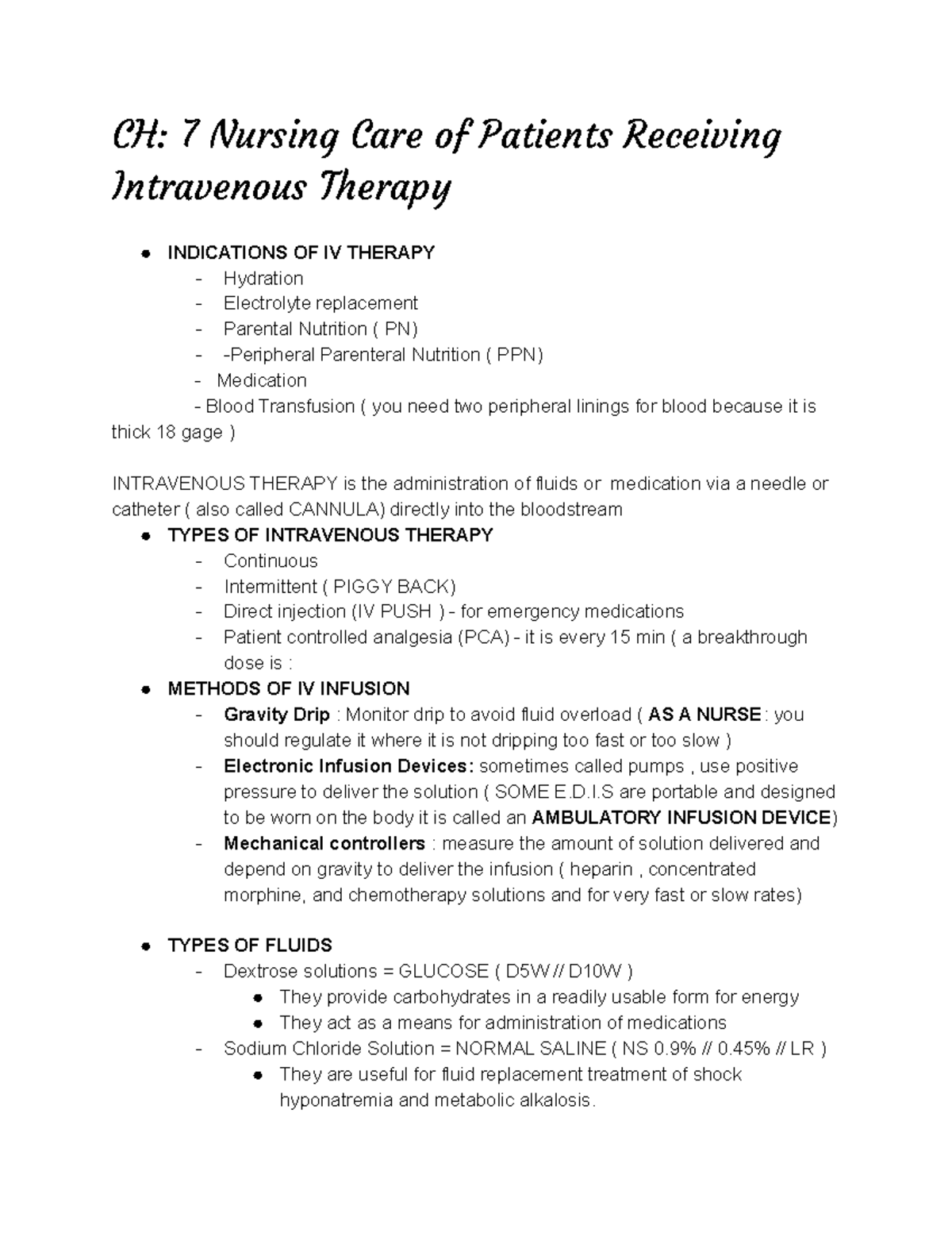 CH 7 Nursing Care Of Patients Receiving Intravenous Therapy - D.I Are ...