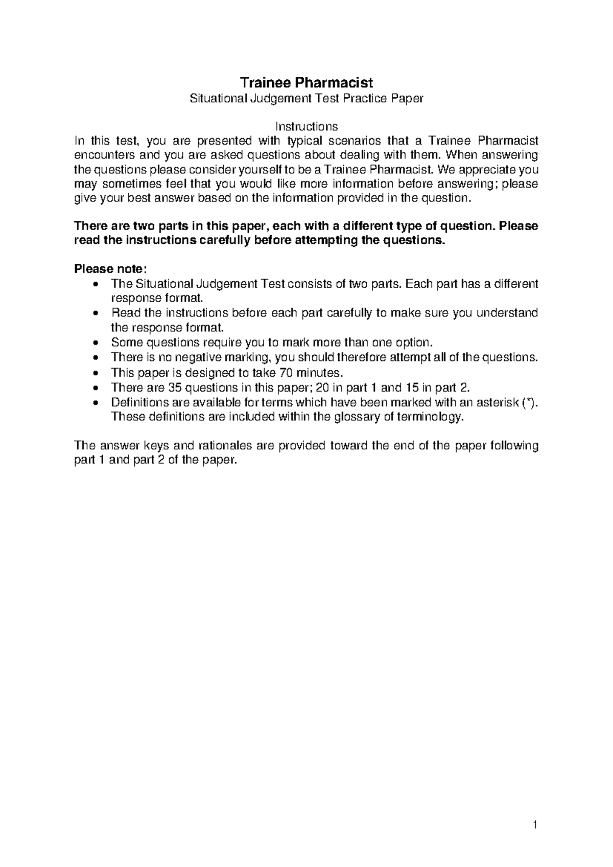 Tp sjt practice paper with rationales - Trainee Pharmacist Situational ...