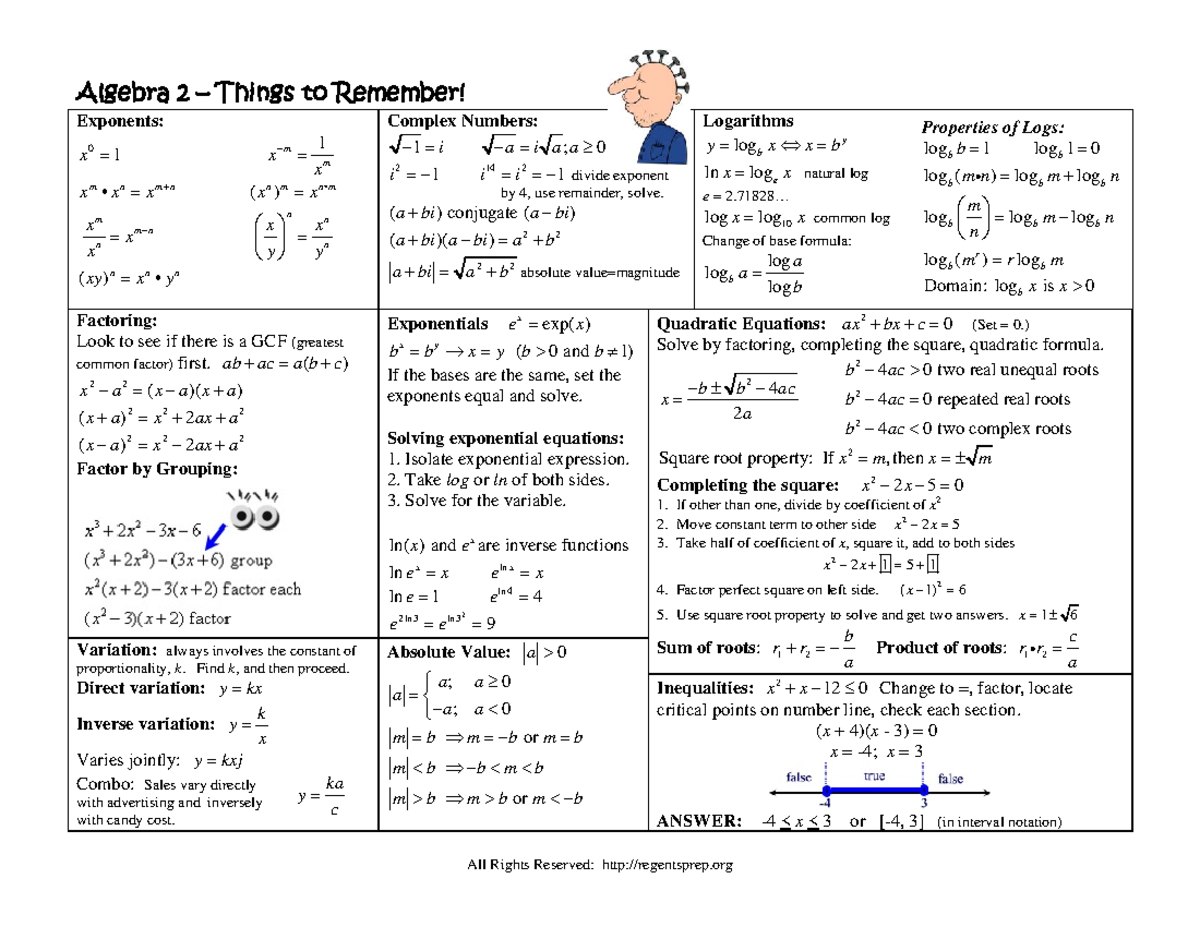 A2 Formula Sheet - Algebra 2 – Things To Remember! Exponents: X 0 1 M 1 