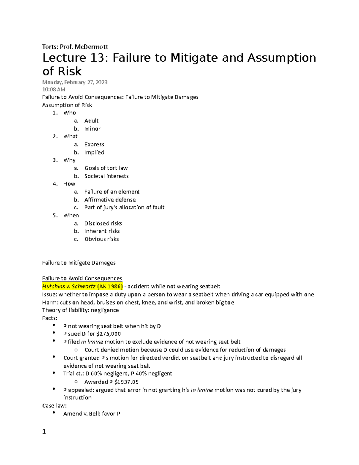 Torts Lecture 13- Failure To Mitigate And Assumption Of Risk - Torts ...