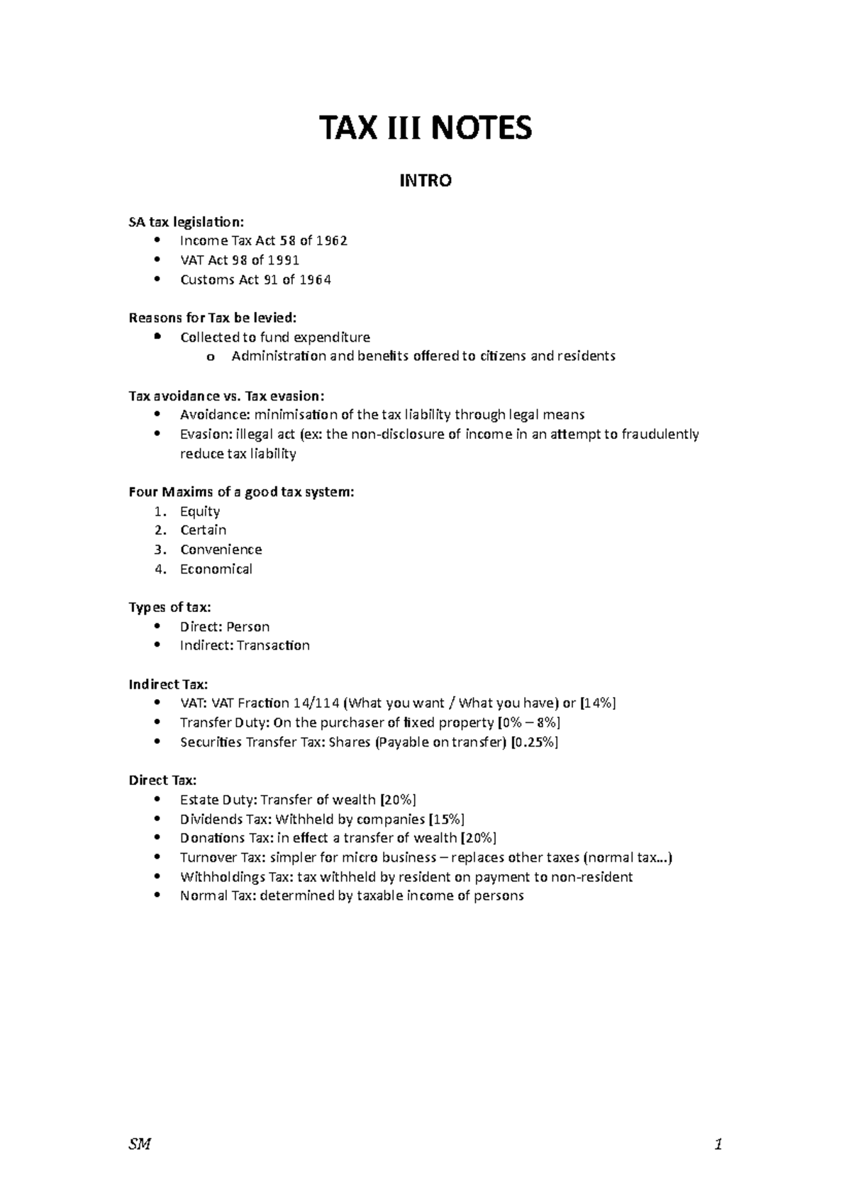 Tax III Notes - TAX III NOTES INTRO SA tax legislation: Income Tax Act ...
