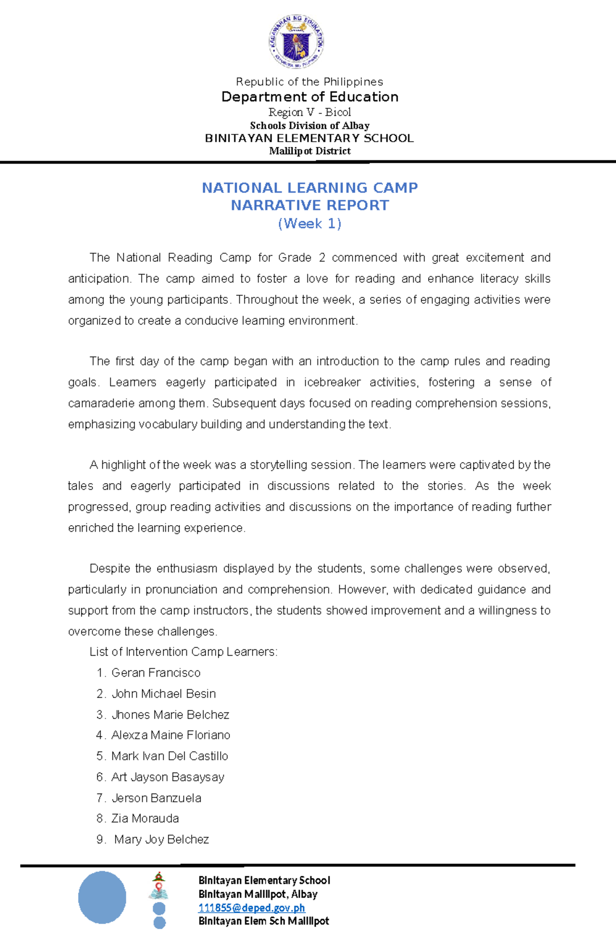 Narrative report nlc - Republic of the Philippines Department of ...