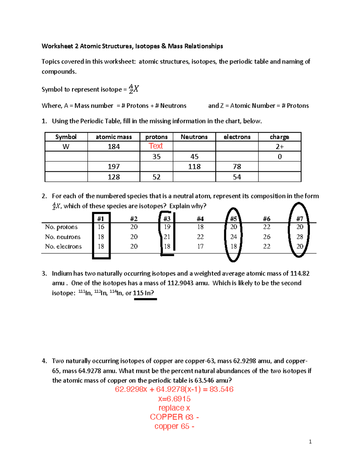 Worksheet 02 Atomic Structures Isotopes Mass Relationships 2 - 1 ...