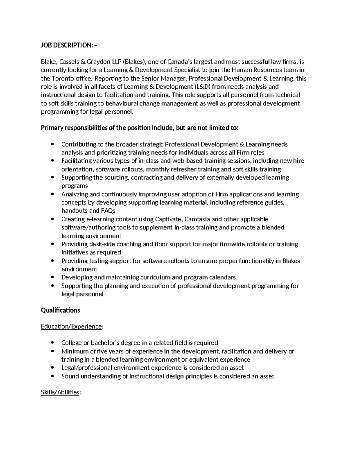 Interview Questions For Learning & Development Specialist JOB