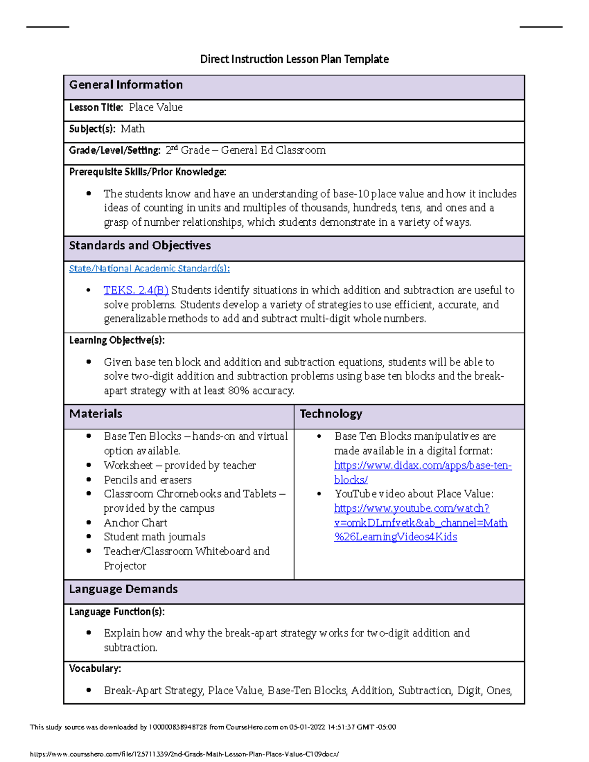 Direct Instruction Lesson Plan Template Place Value Math Lesson For