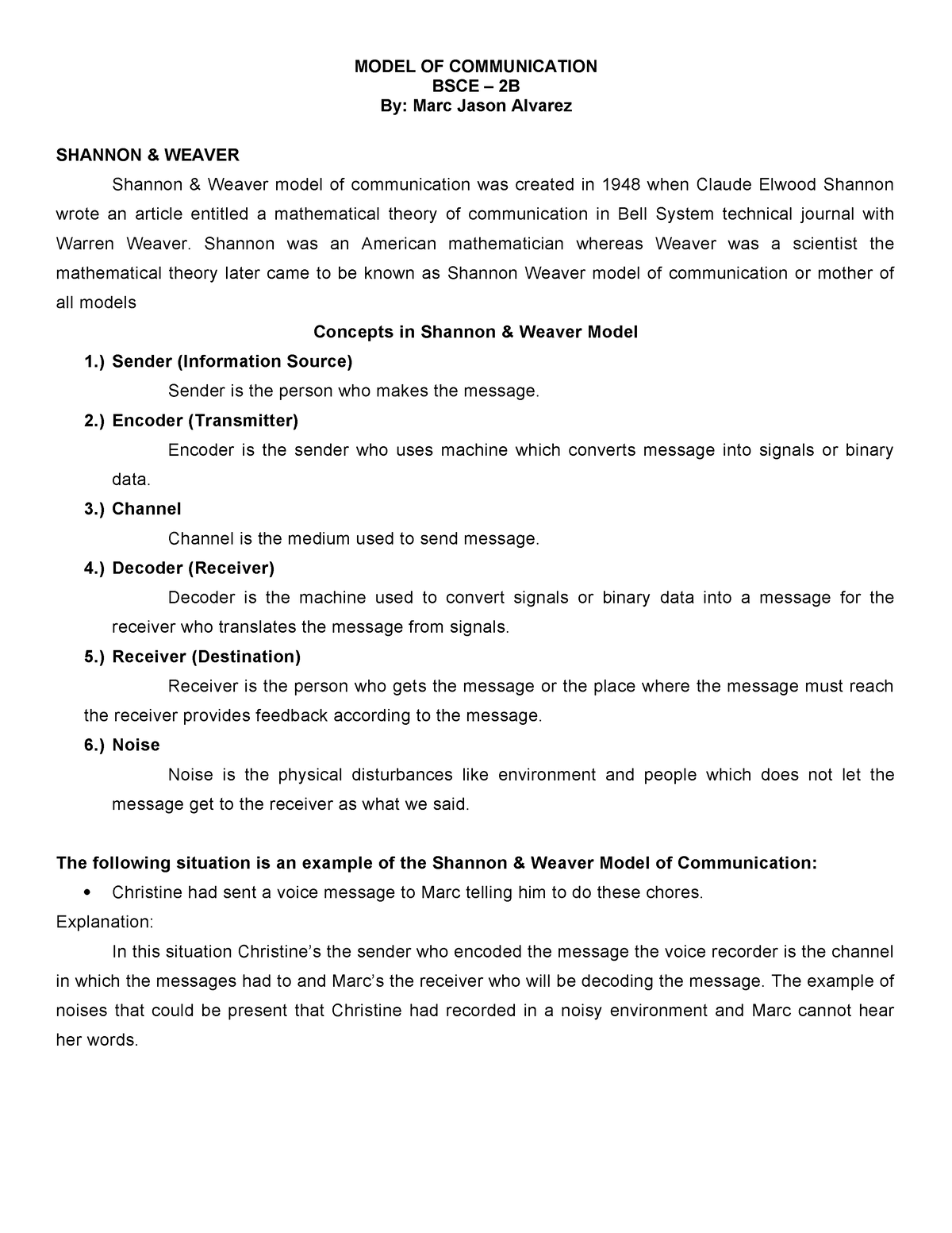 Model OF Communication - MODEL OF COMMUNICATION BSCE – 2B By: Marc ...