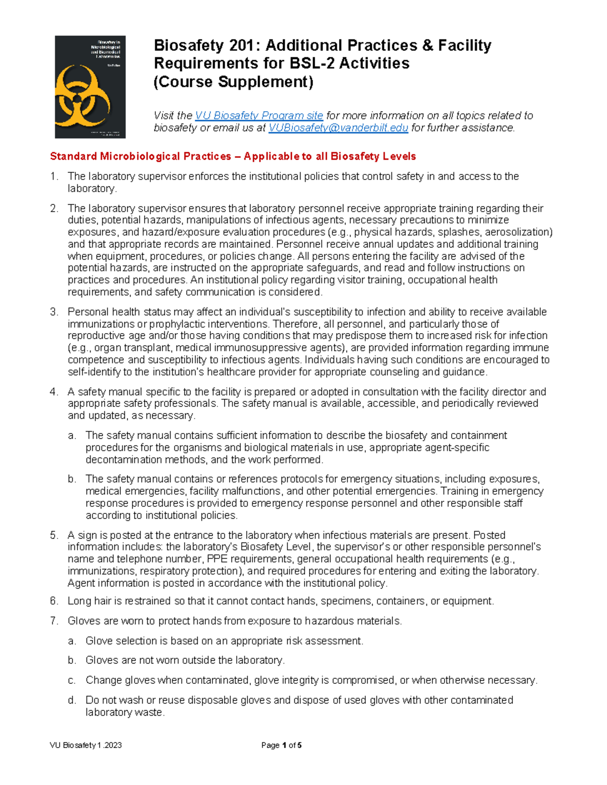 Biosafety 201 Resource Pack (8 - VU Biosafety 1 Page 1 Of 5 Biosafety 2 ...