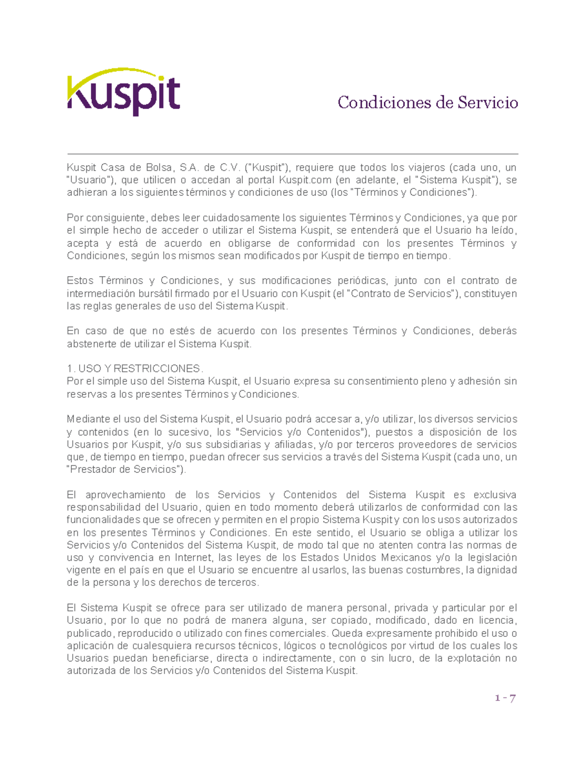 Kuspit Condiciones de Servicio - Kuspit Casa de Bolsa, S. de C ...
