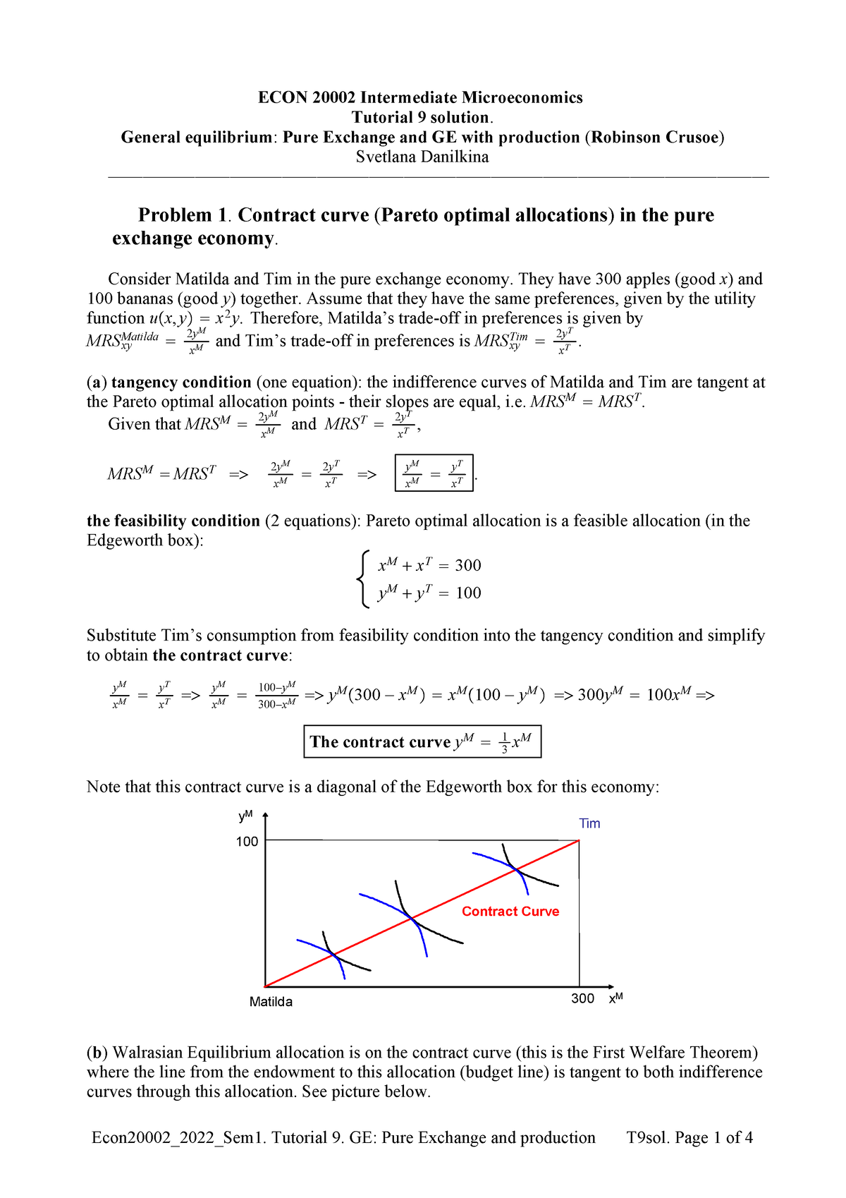 Tutorial 9 Solutions - ECON 20002 Intermediate Microeconomics Tutorial ...