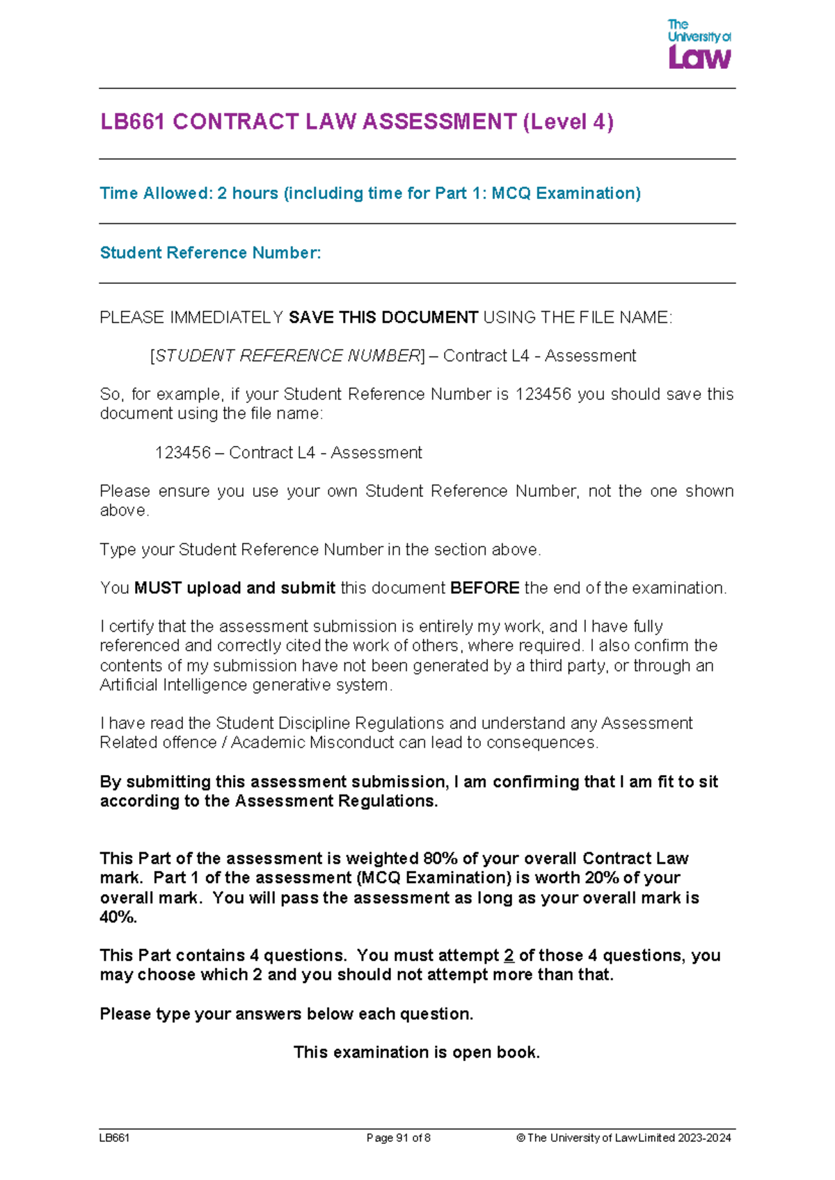 Contract resit essay - LB661 CONTRACT LAW ASSESSMENT (Level 4) Time ...