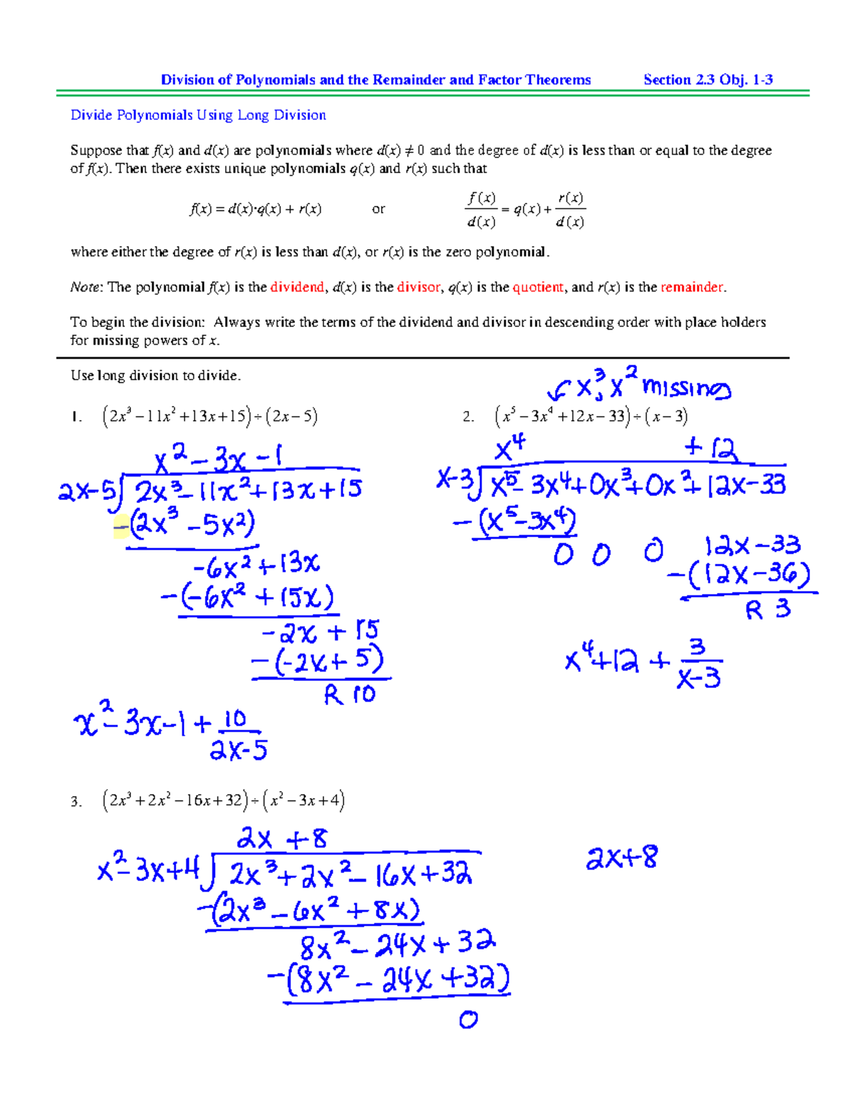 2.3 Solutions - Division of Polynomials and the Remainder and Factor ...