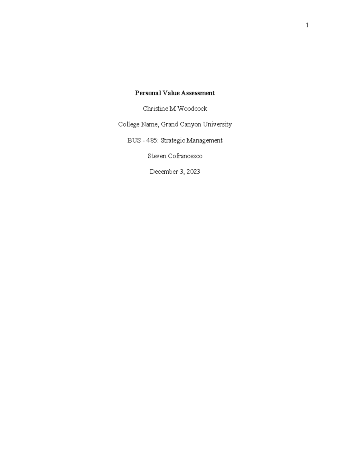 Personal Value assignment Personal Value Assessment Christine M