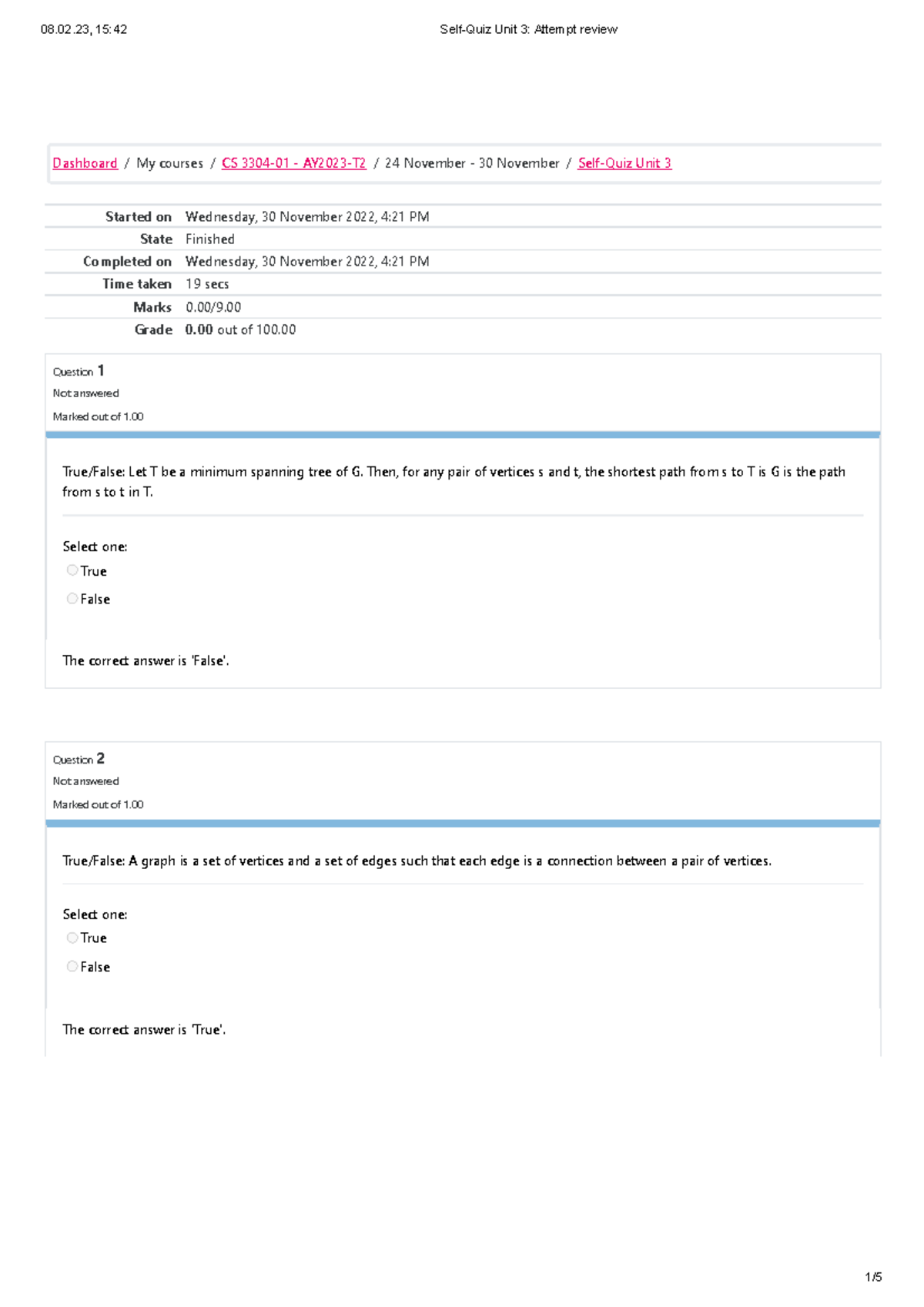 CS 3304 Analysis of algotithm Self Quiz unit 3 - Started on Wednesday ...