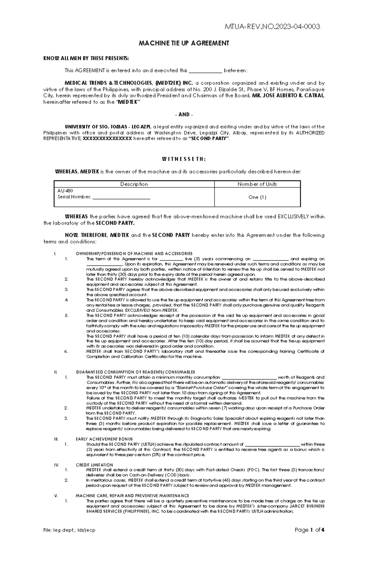 MTUA UST Legazpi Contract Drafting MACHINE TIE UP AGREEMENT KNOW