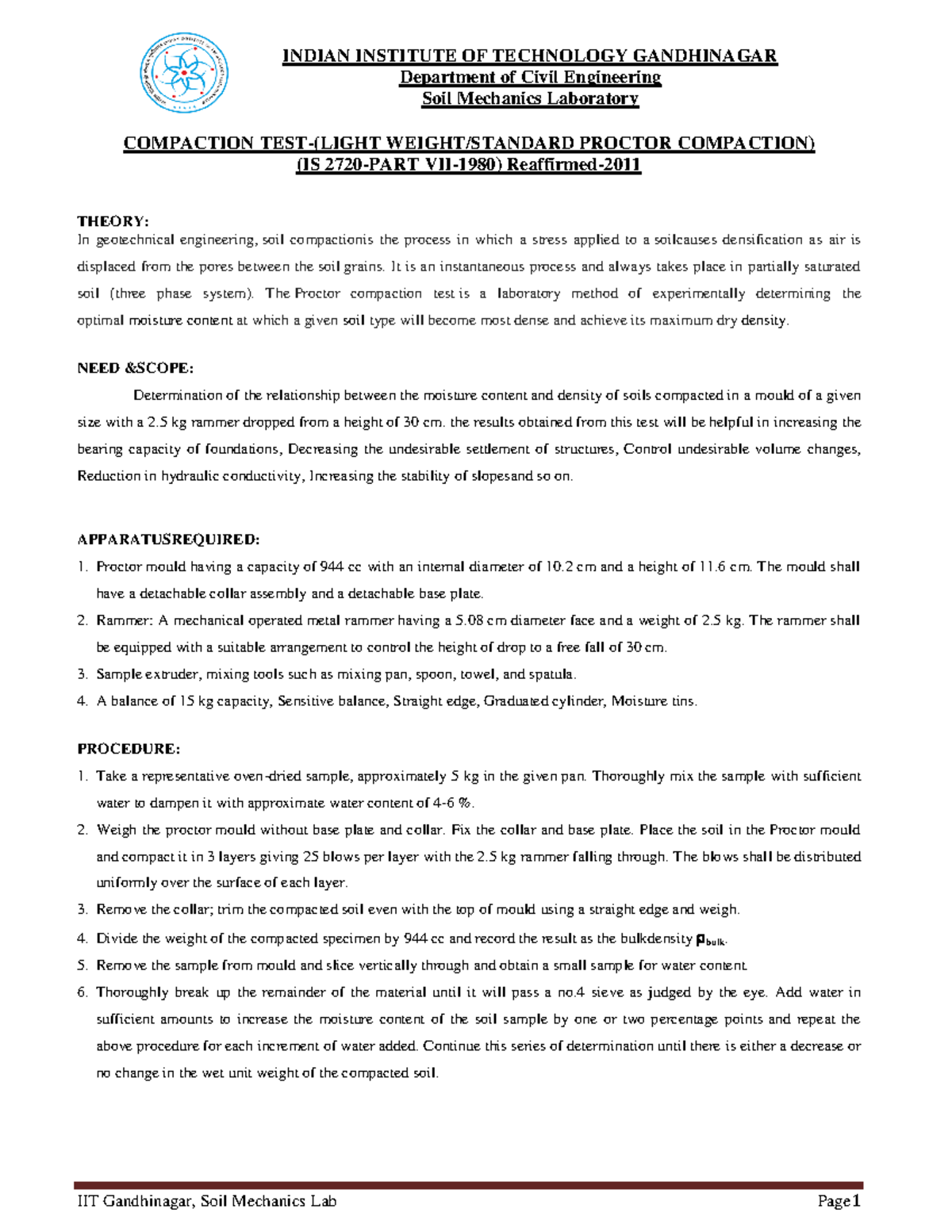 Standard Proctor test lab manual - IIT Gandhinagar, Soil Mechanics Lab ...