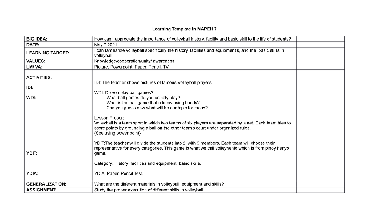 CURRICULUM MAP IN MAPEH 8 - Learning Template in MAPEH 7 BIG IDEA: How ...