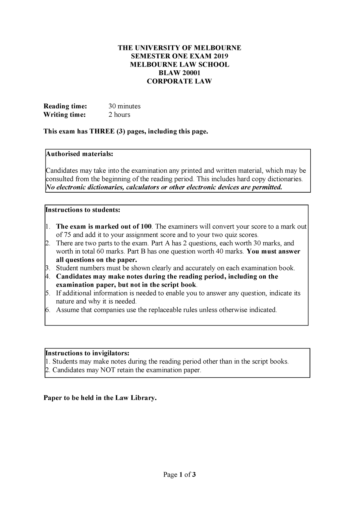 BLAW20001 Corporate Law S1 2019 Final Exam - BLAW20001 - Unimelb - Studocu