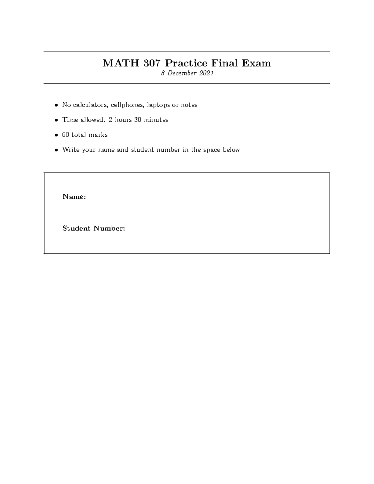 Exam Final Practice V2 Solutions - MATH 307 Practice Final Exam 8 ...