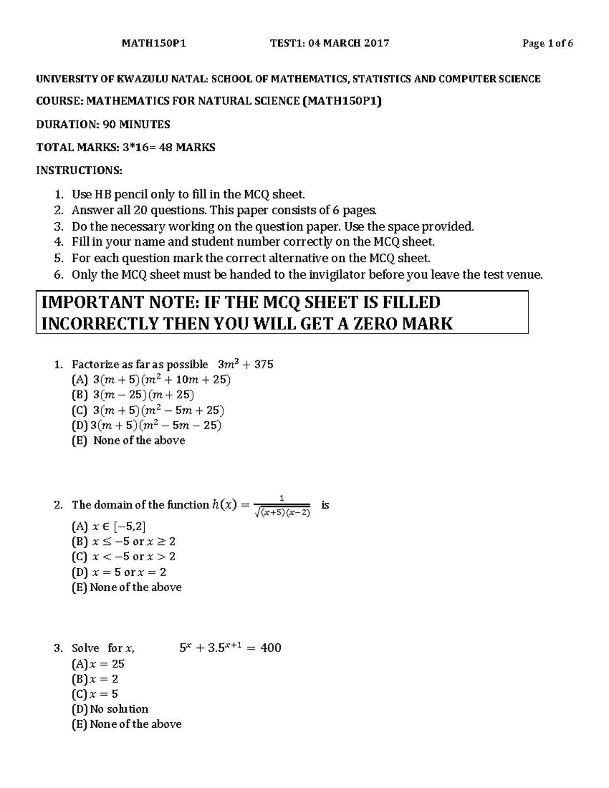 Test 1 2017 - test 1 past paper - UNIVERSITY OF KWAZULU NATAL: SCHOOL ...
