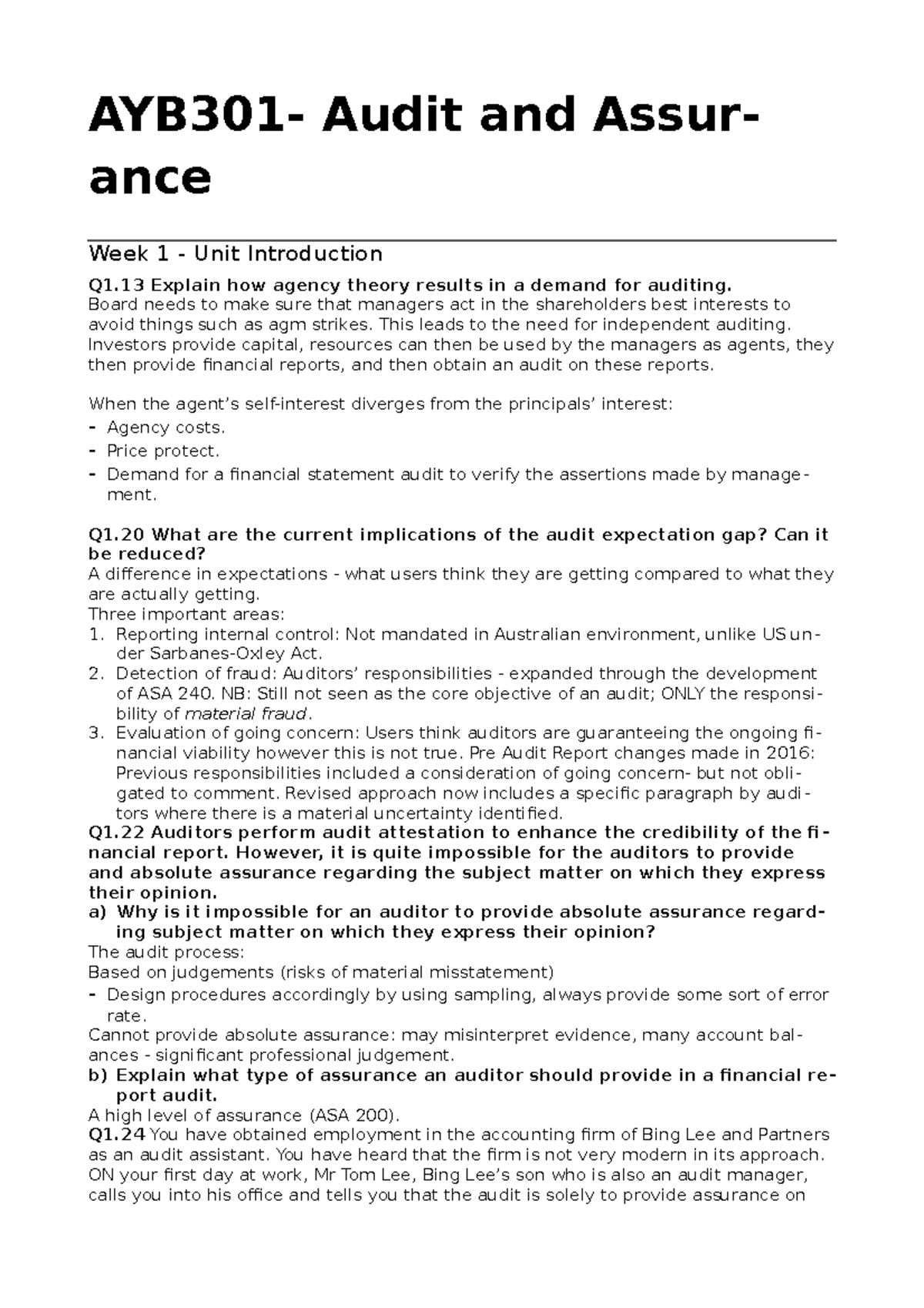 AYB301 Audit Tutorial Notes - AYB301- Audit And Assurance Week 1 - Unit ...