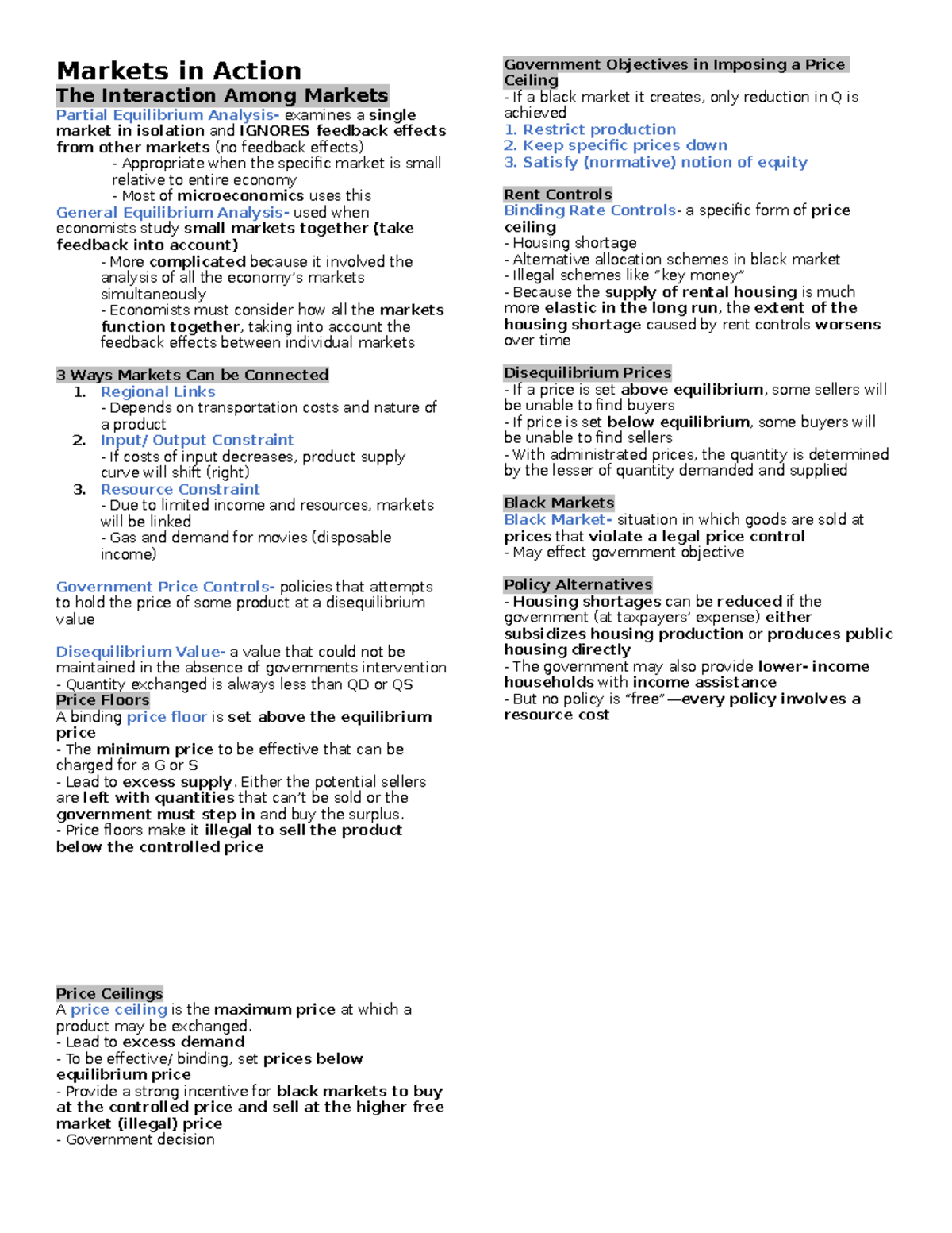 Markets in Action Note - Lecture notes 9 - Markets in Action The ...