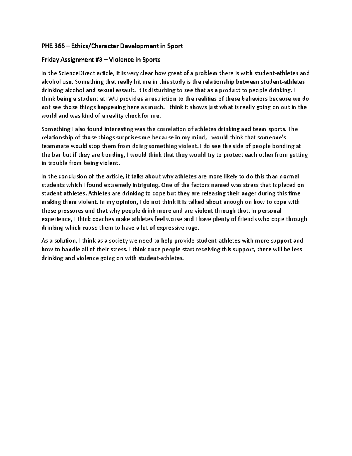 Friday Assignment #3 on Violence in Sports - PHE 366 – Ethics/Character ...