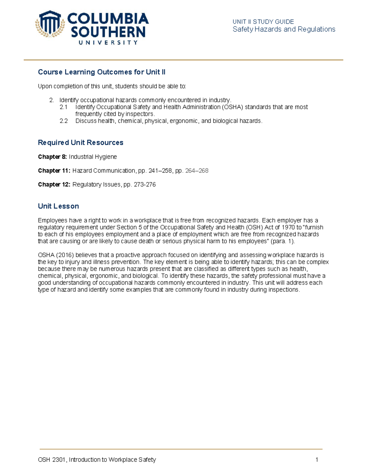 Unit2SG - unit study guide - Supervisors' Safety Manual - OSH 2301 ...
