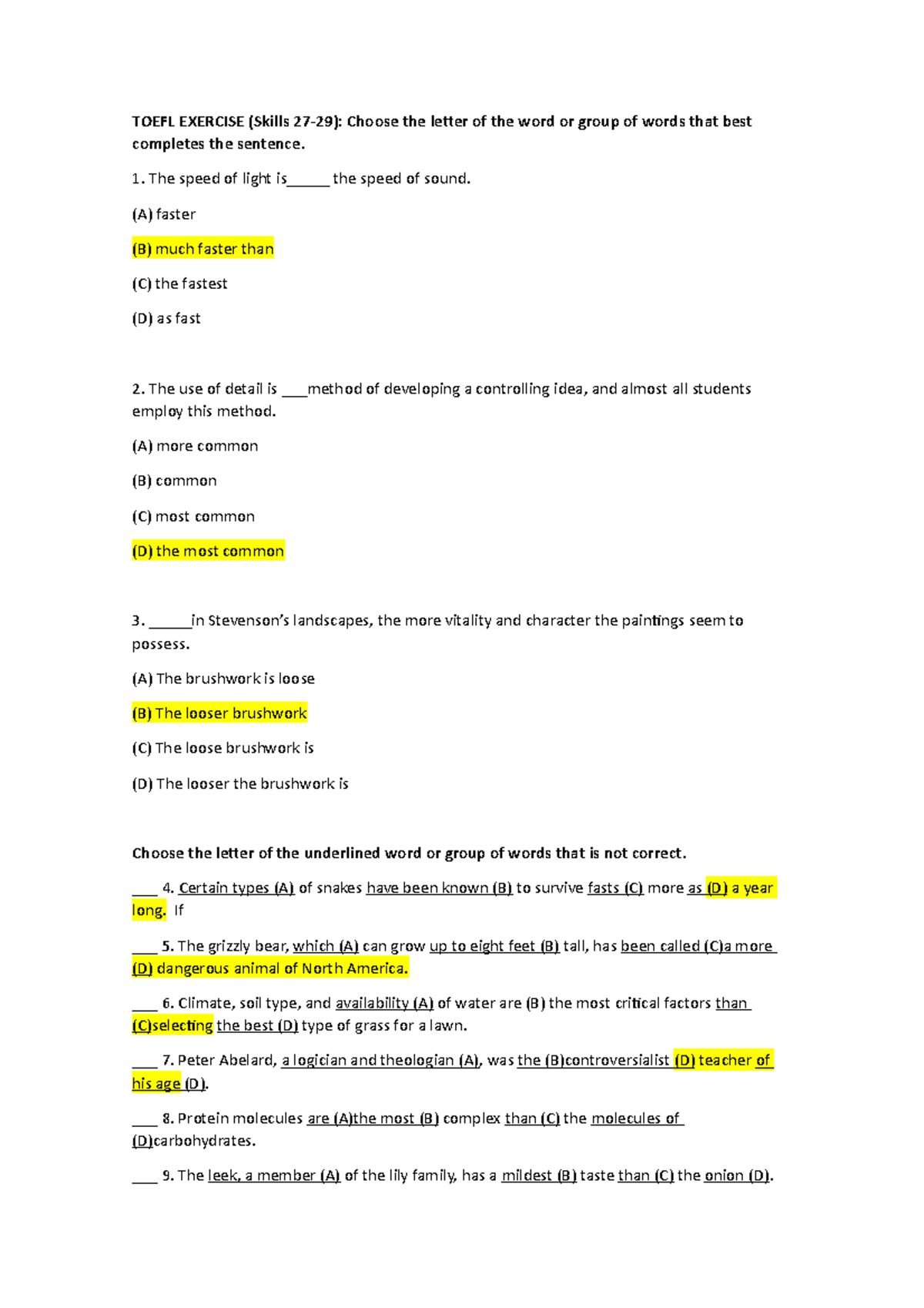 Toefl Exercises Structure 2729 TOEFL EXERCISE (Skills 2729) Choose