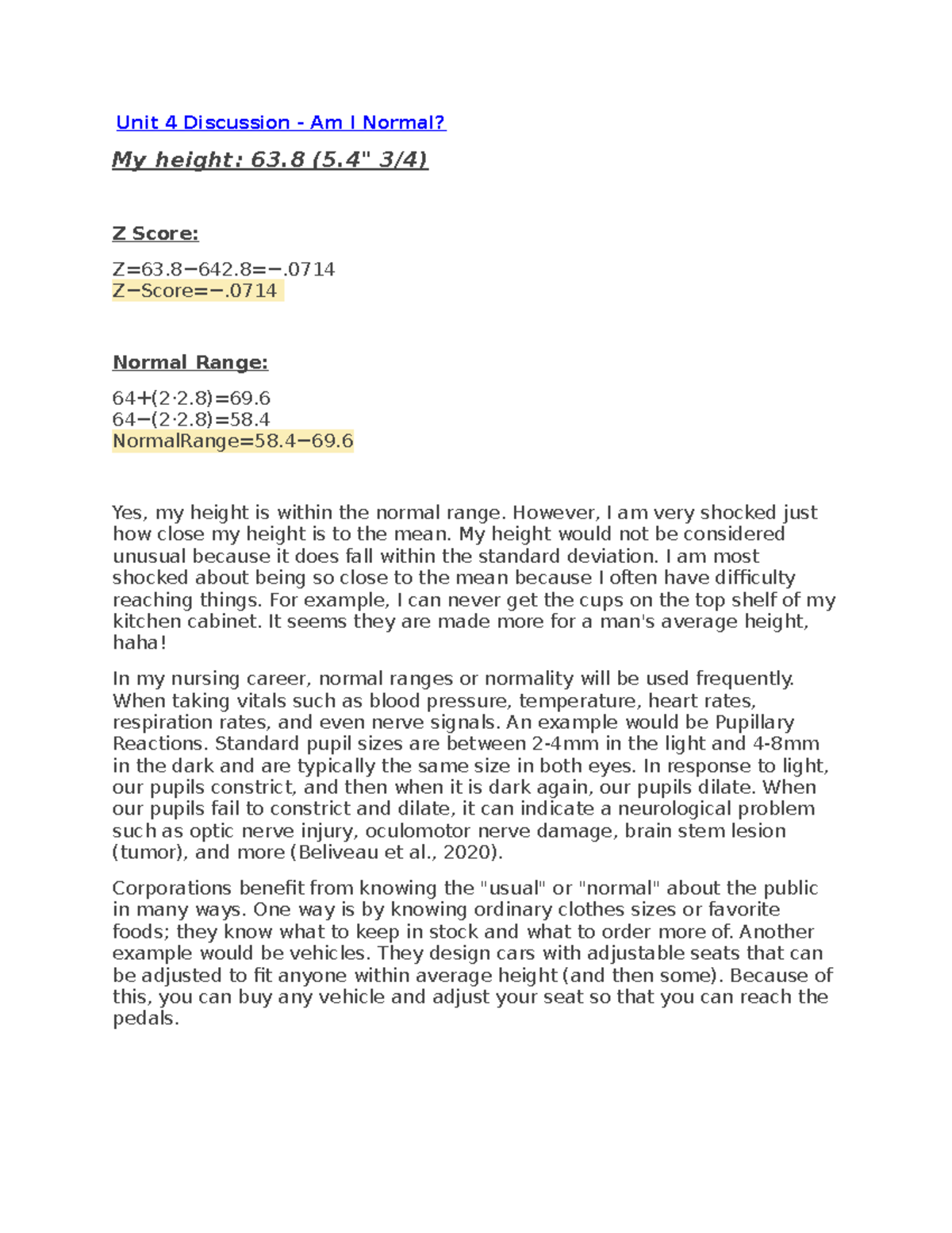 Unit 4 Discussion - Am I Normal - Unit 4 Discussion - Am I Normal? My ...