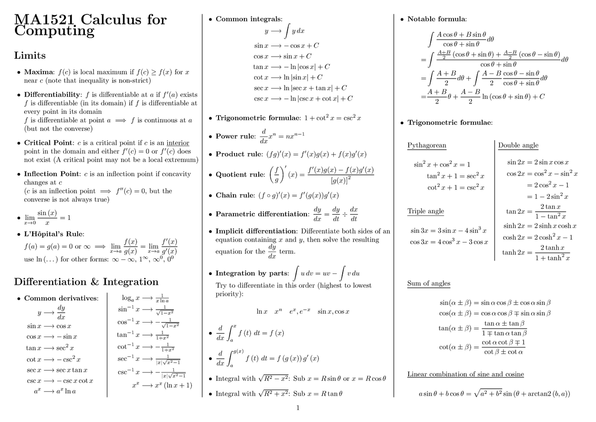 MA1521 Cheat Sheet - HEL;P - MA1521 Calculus for Computing Limits ...