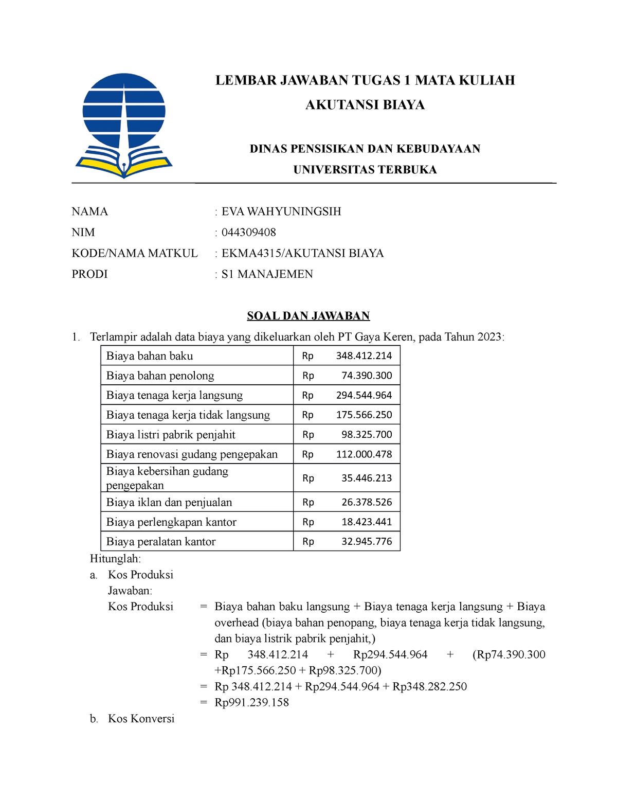 Lj Akutansi Biaya 1 - LEMBAR JAWABAN TUGAS 1 MATA KULIAH AKUTANSI BIAYA ...