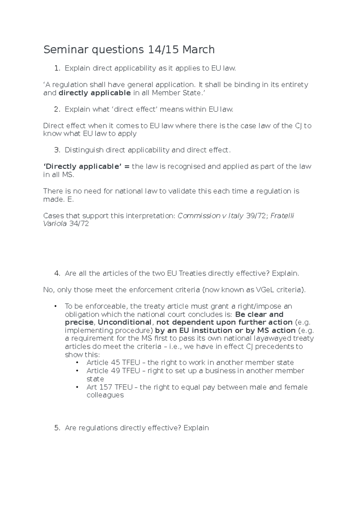 Seminar 7 EU law - EU primary - Seminar questions 14/15 March Explain ...