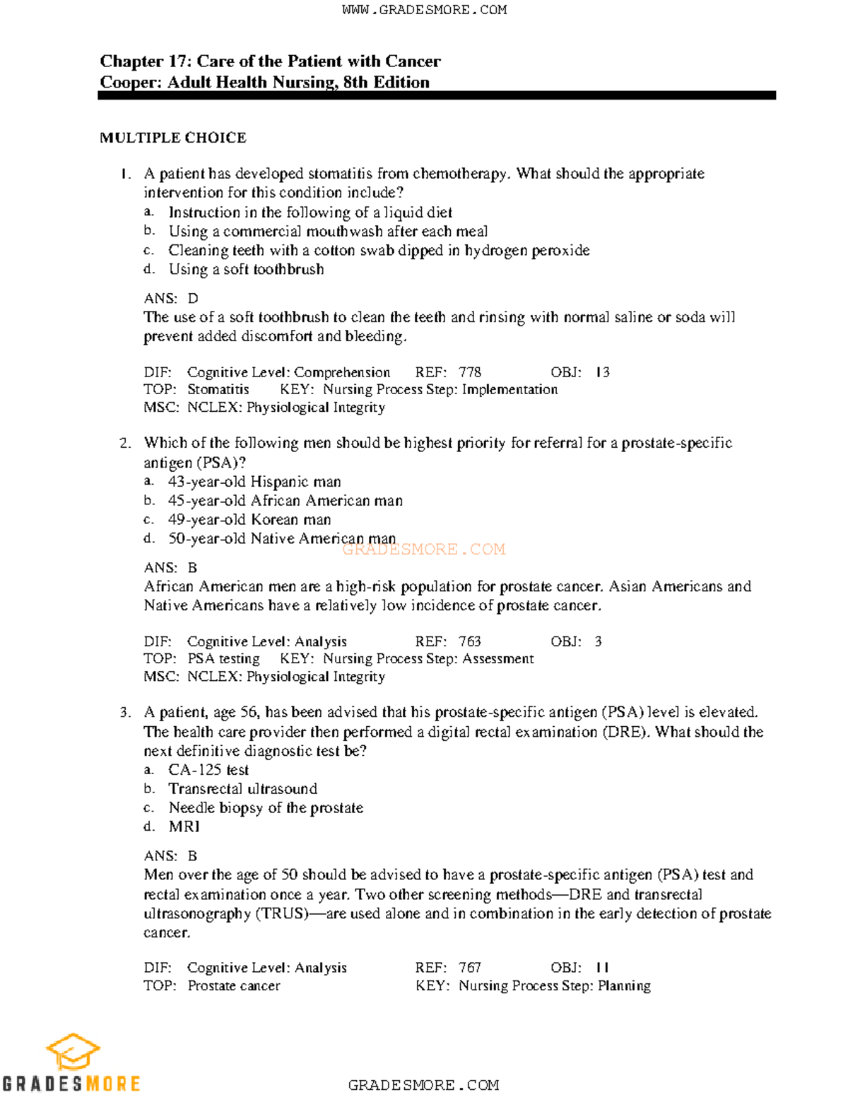 17 - testbank - G R A D E S M O R E. C O M Chapter 17: Care of the ...