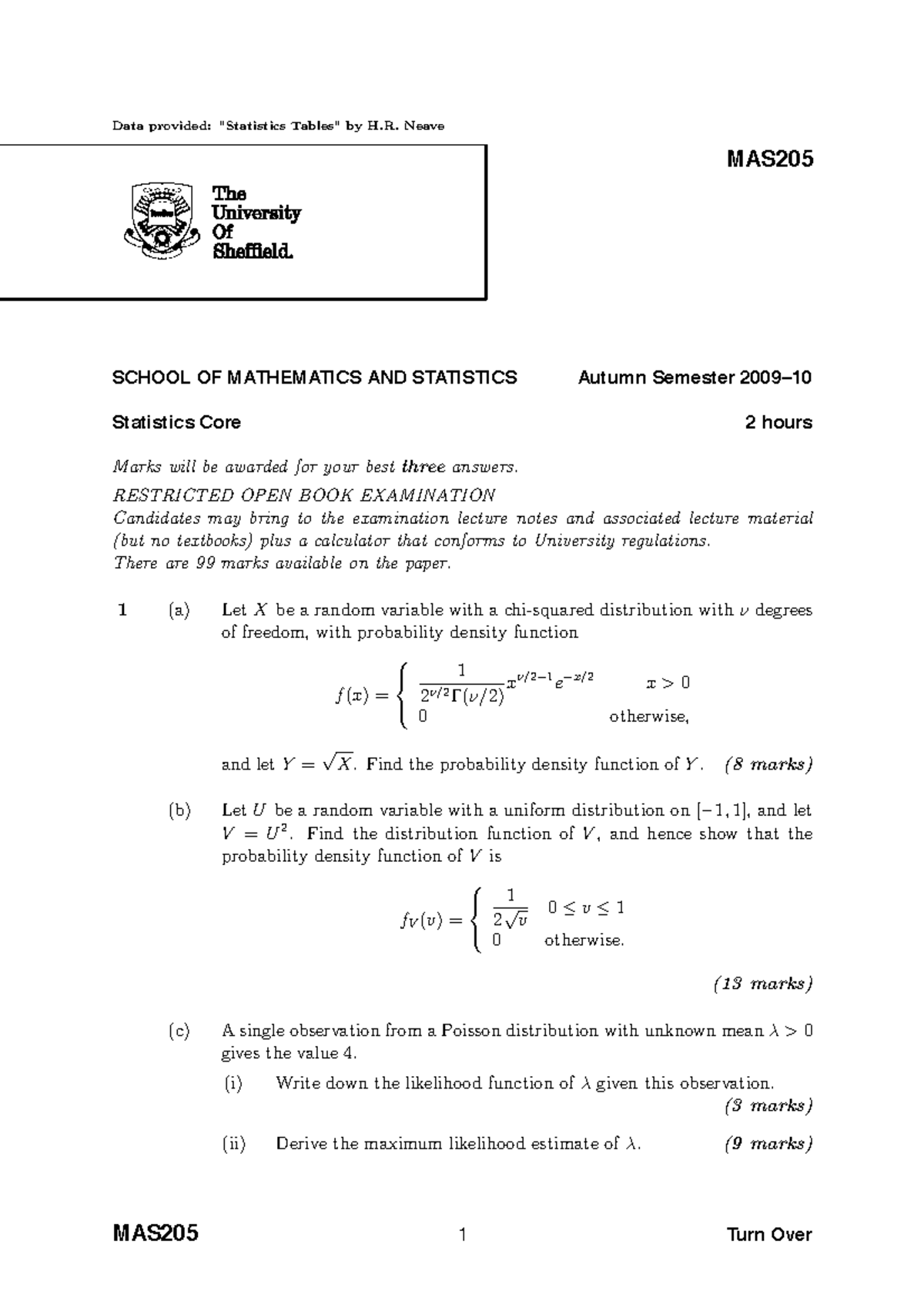 Exam 2010-2013, questions - Data provided: 