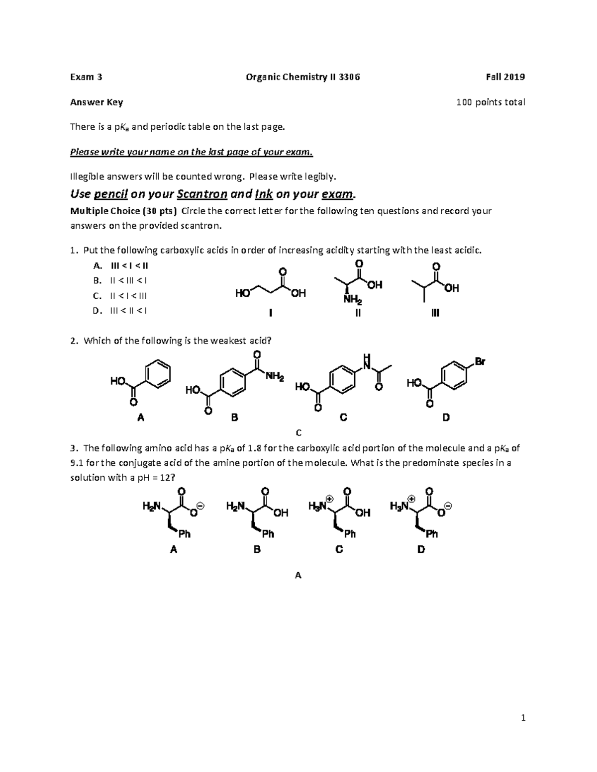 Old Exam 3 Answer Key - Exam 3 Organic Chemistry II 3306 Fall 2019 ...