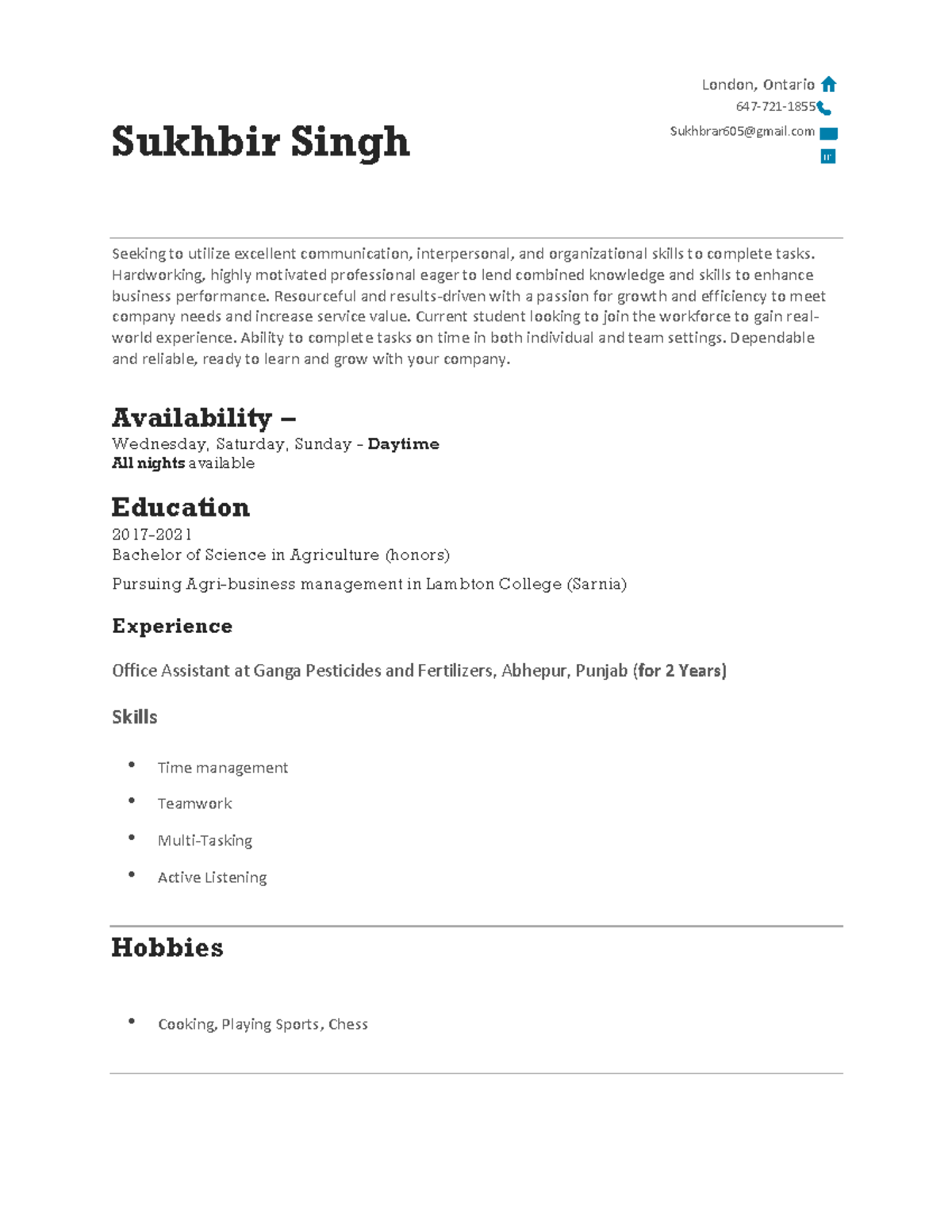 Resume c - Student - Sukhbir Singh London, Ontario 647-721- Sukhbrar605 ...