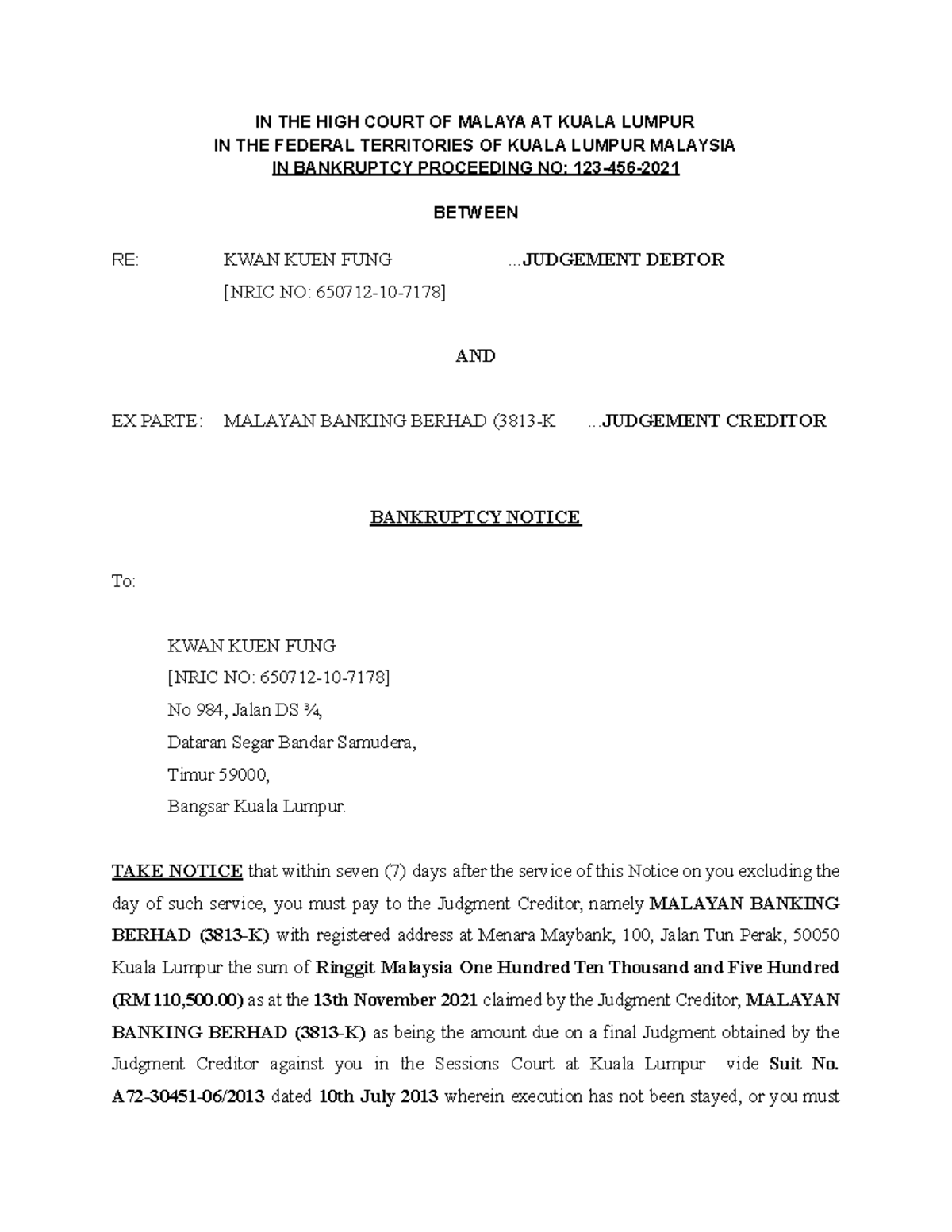 Bankruptcy Notice Sample for Dummies - IN THE HIGH COURT OF MALAYA AT