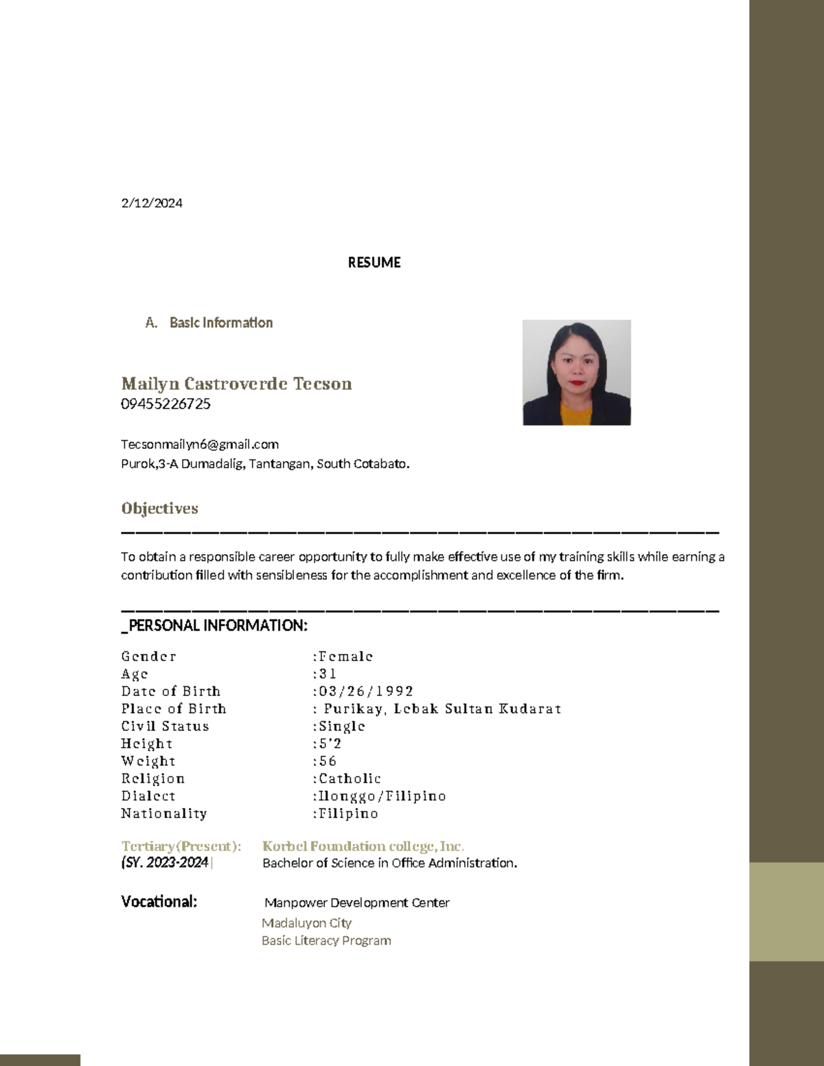 Tecson-Resume - BSA - 2/12/ RESUME A. Basic Information Mailyn ...