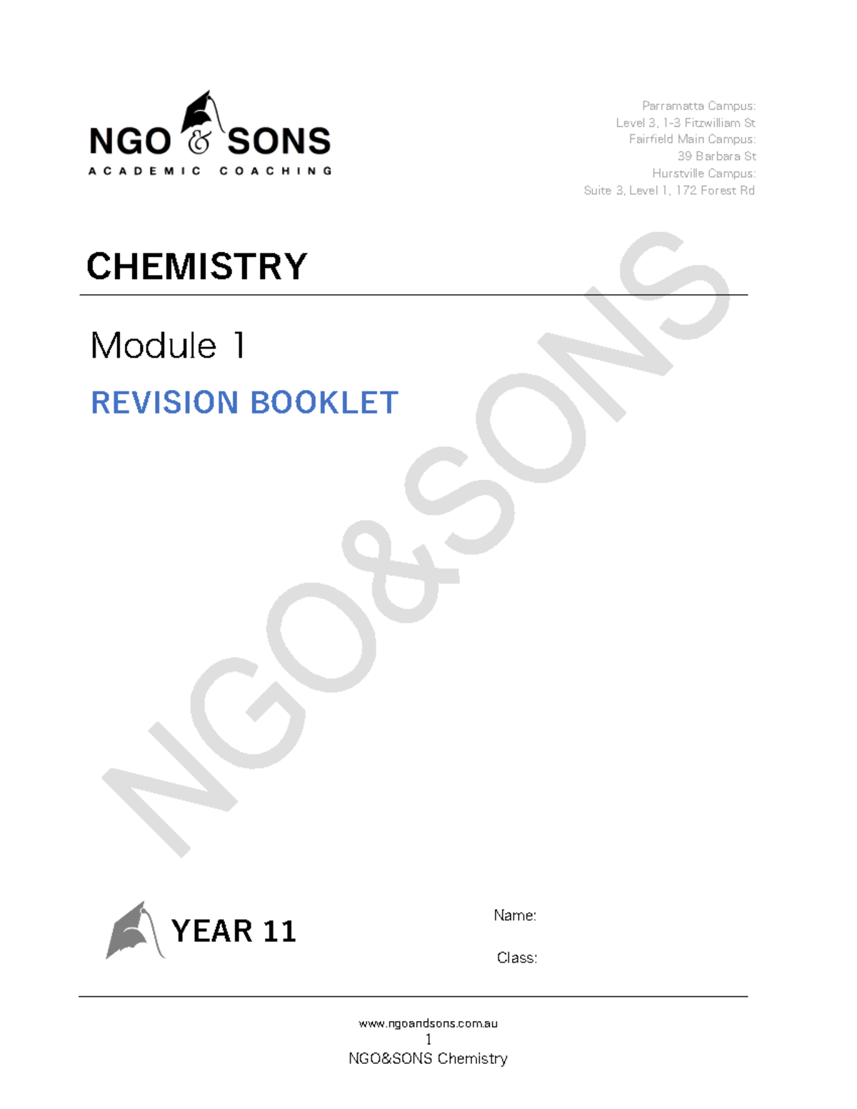 CHEM1-1 Revision Booklet - 1 Name: Class: Ngoandsons.com Parramatta ...