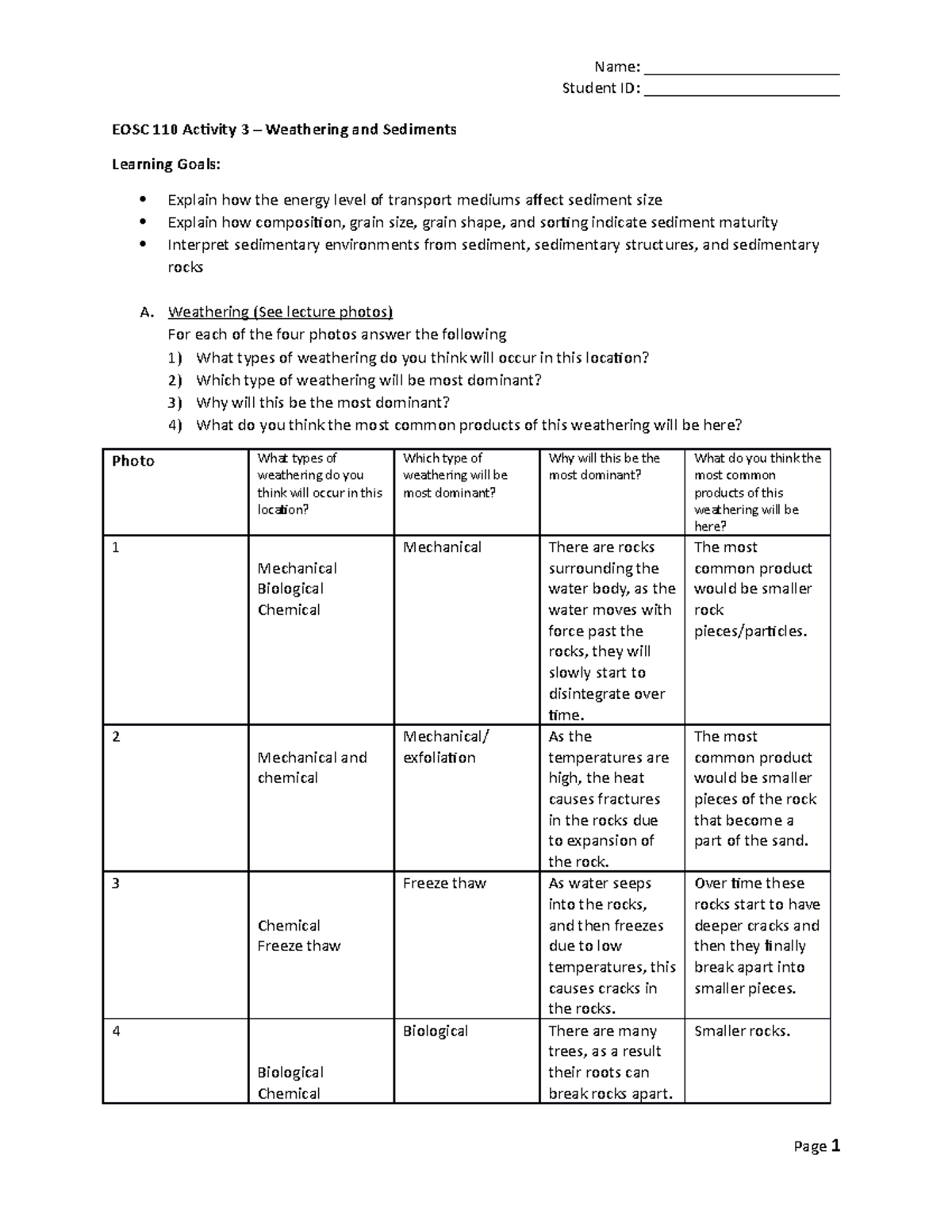 EOSC 110 2020W1 Activity 3 Weathering and sediment - Name ...