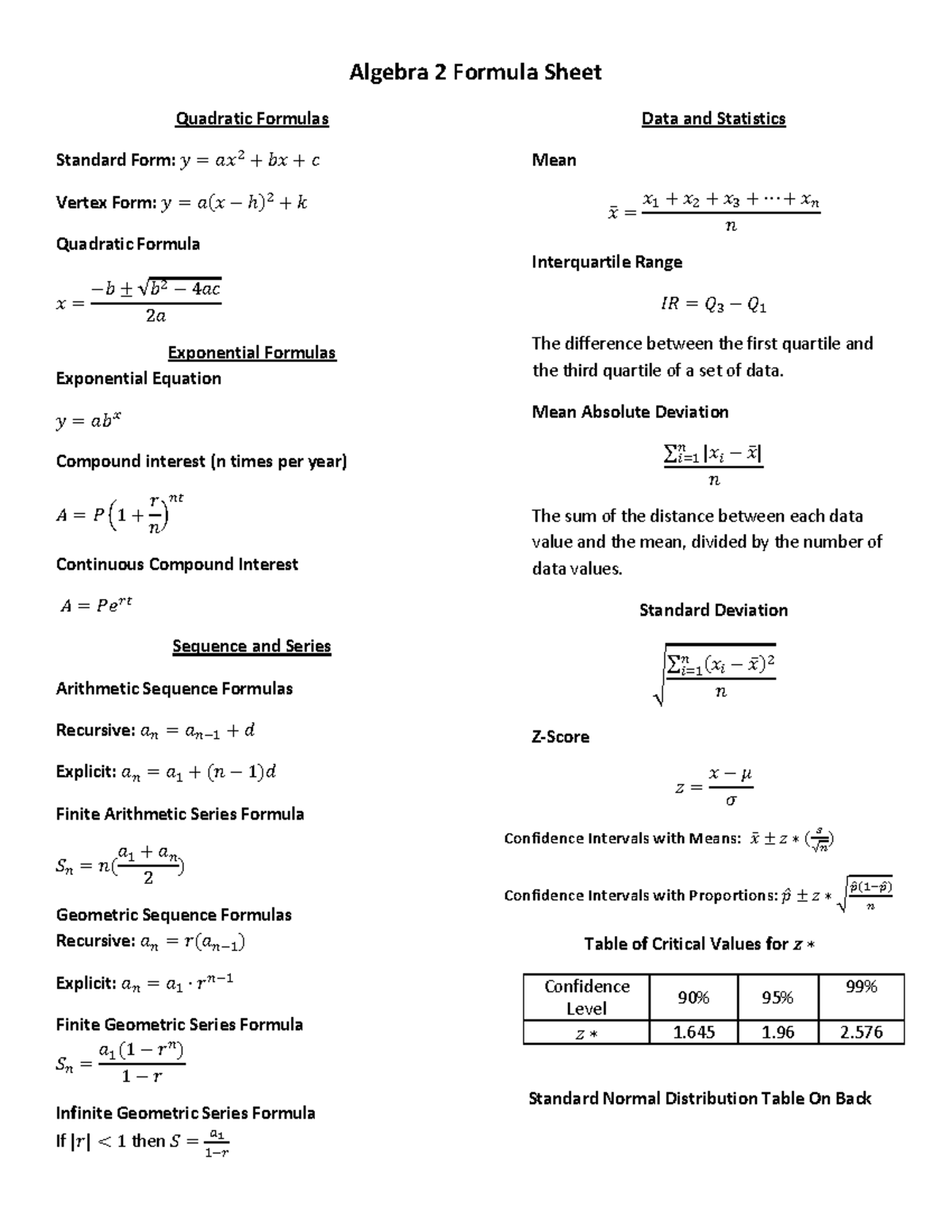 Main algebra-2-formula-sheet - Algebra 2 Formula Sheet Quadratic ...