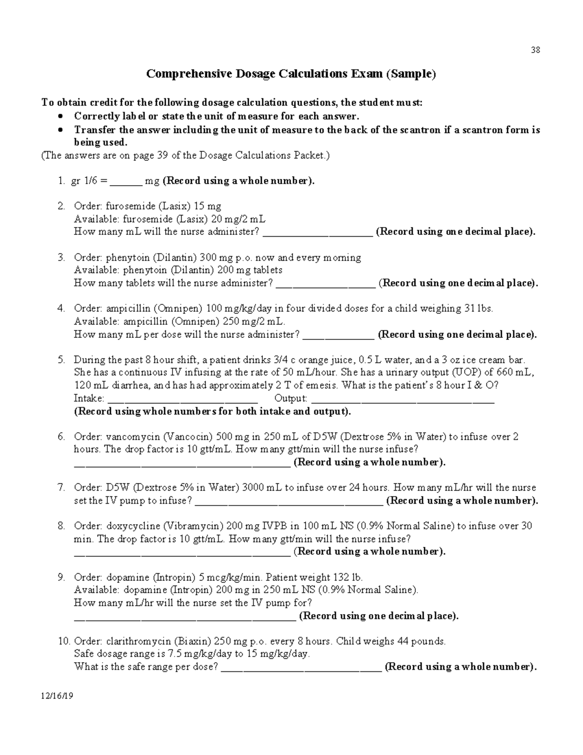 Dosage Calculations Packet - 38 12/16/ Comprehensive Dosage ...