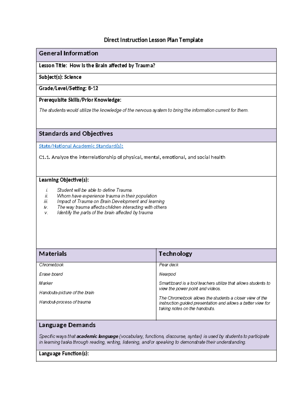 Direct Instruction Lesson Plan-lesson plan for task 1 - Direct ...