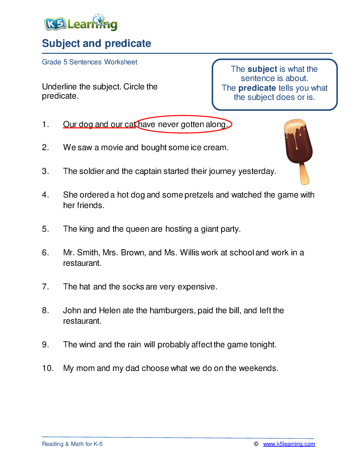 Grade 5 Subject Predicate B - Subject And Predicate Grade 5 Sentences ...