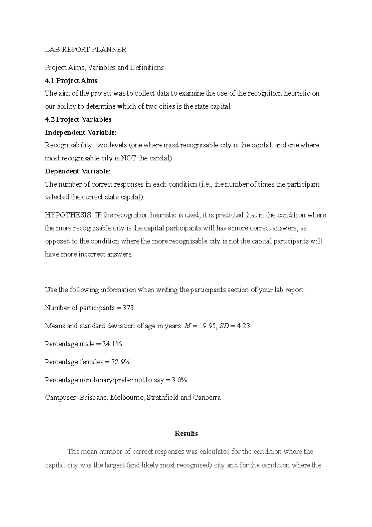 LAB Report Planner LAB REPORT PLANNER Project Aims, Variables and